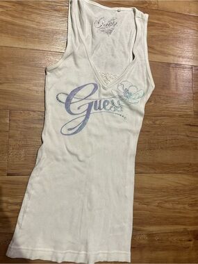 GUESS Y2K Women's White Logo Tank Top with Floral Detail and Rhinestones